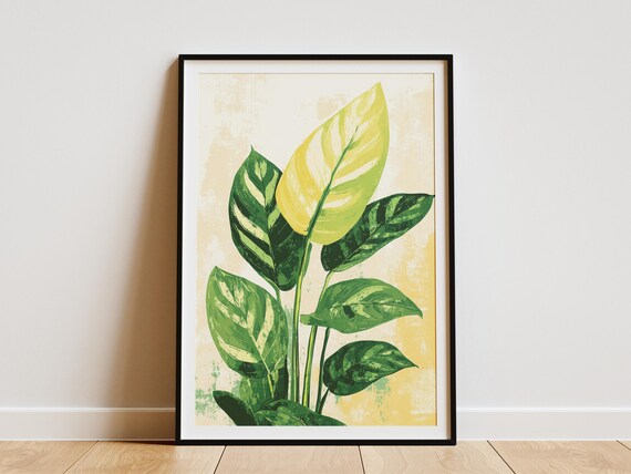 Calathea Leaf Art Print Botanical Illustration Poster Tropical Plant Wall Green And Yellow Home Decor Modern