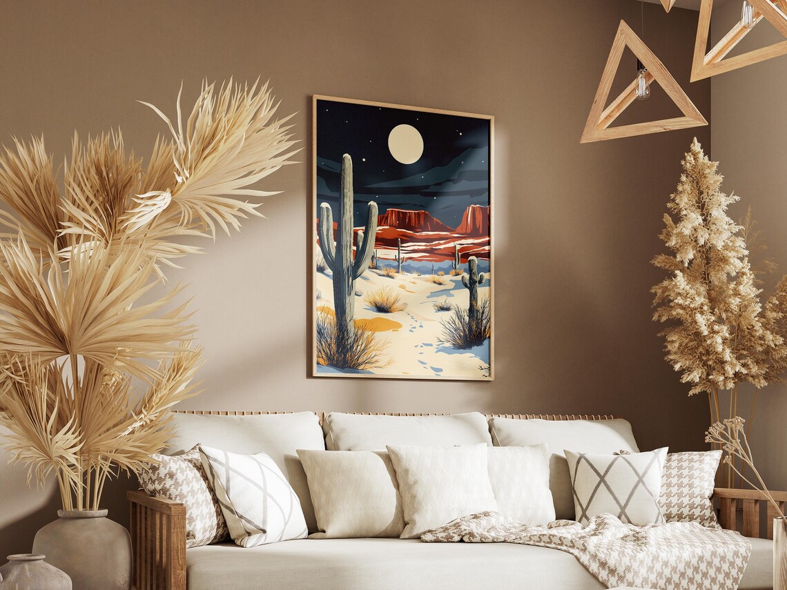 Snowy Desert Night Saguaro Cactus Under Full Moon Stars Poster - Image 3