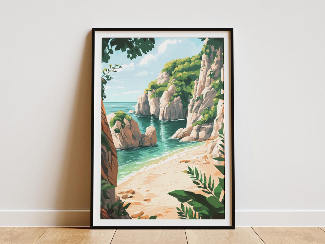 Secluded Tropical Beach Cove Beneath Lush Green Cliffs Poster
