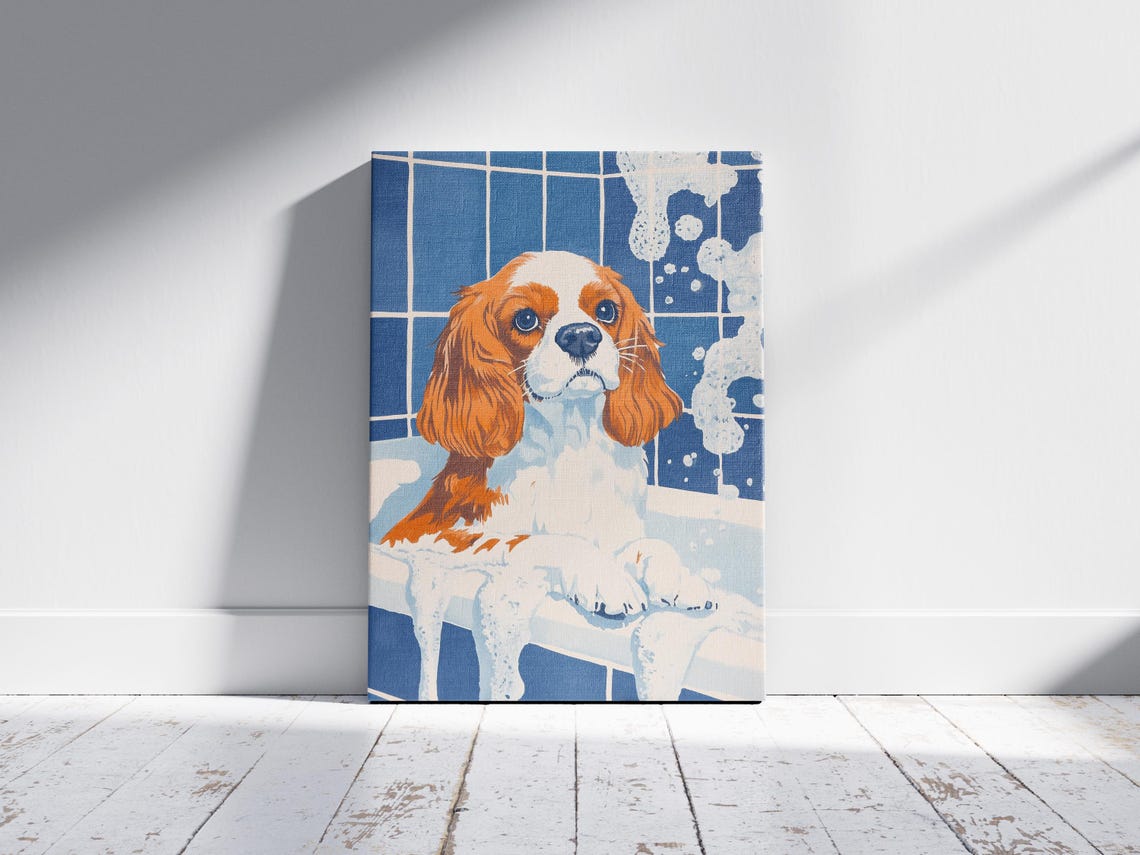 Cavalier King Charles Spaniel in Bubble Bath Cute Dog Poster - Image 2