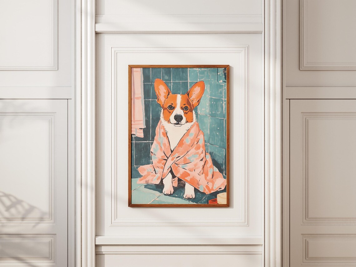 Corgi Dog Wrapped in Pink Floral Towel Cute Bathroom Art Poster - Image 2