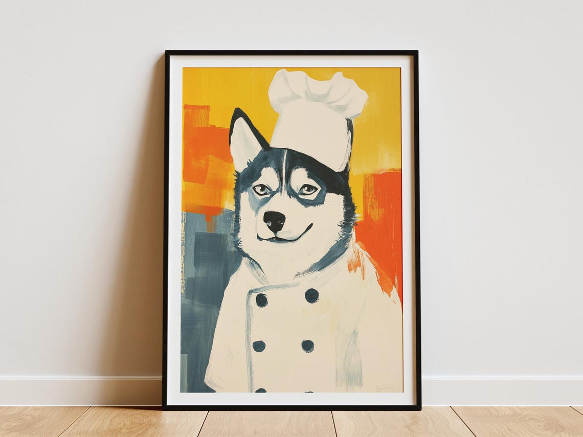 Husky Chef Art Print Kitchen Wall Decor Dog Funny Animal Hat Cooking Poster Restaurant Lover Gift