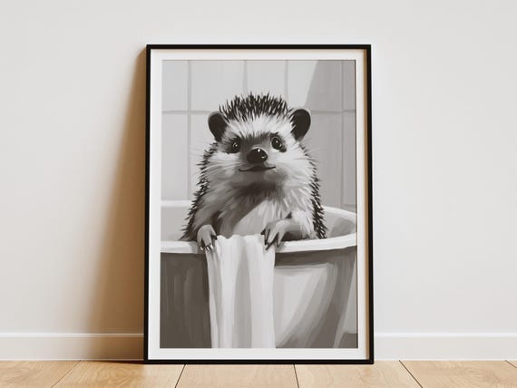Hedgehog In Bathtub Poster Print Cute Animal Art Bathroom Wall Decor Funny Gift Bubble Bath Minimalist Nursery
