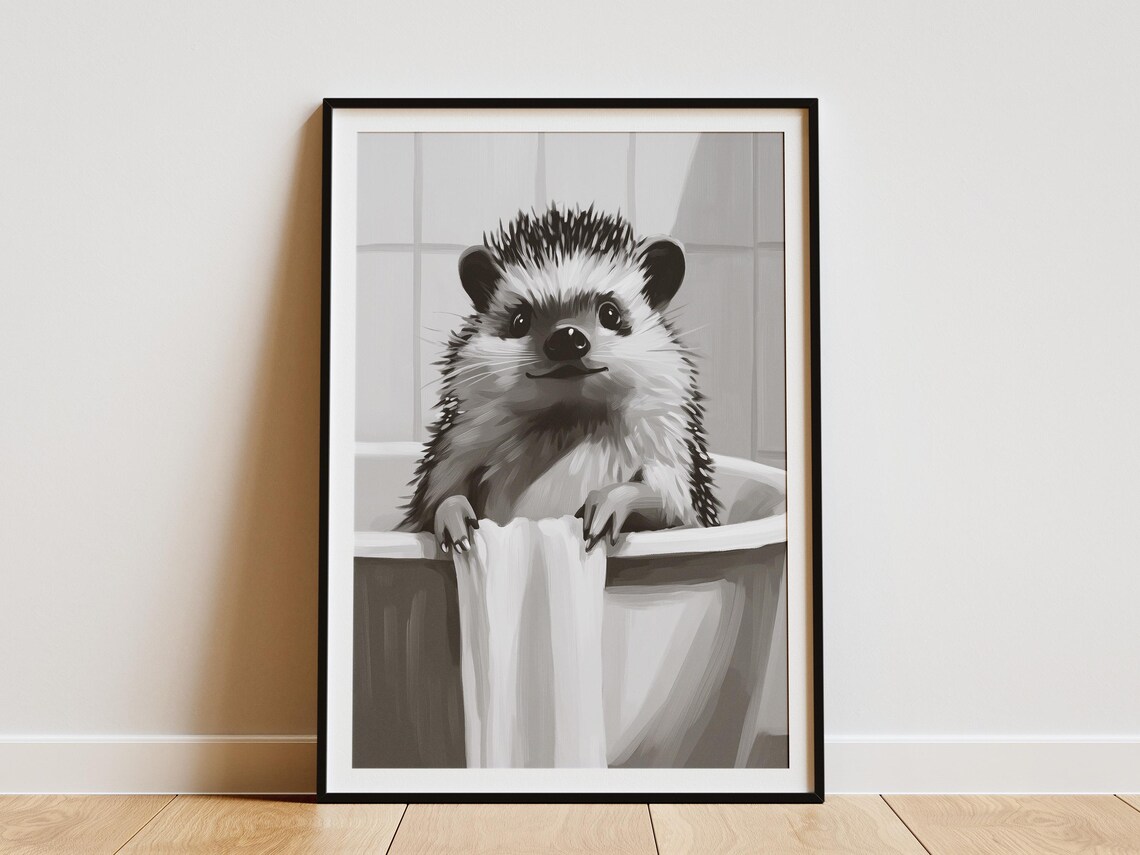 Hedgehog in Bathtub with Towel Black and White Cute Bathroom Decor Poster