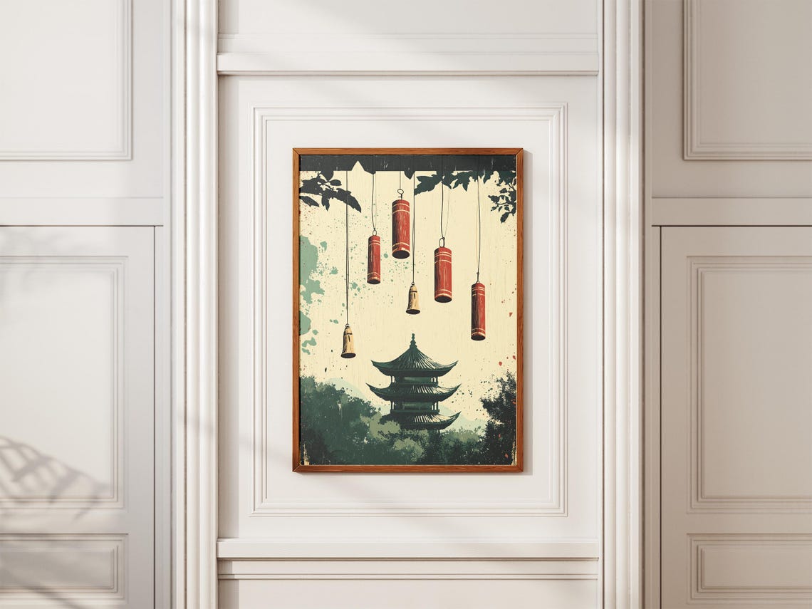Red Wind Chimes Hanging Above Temple Pagoda Garden Art Poster - Image 2