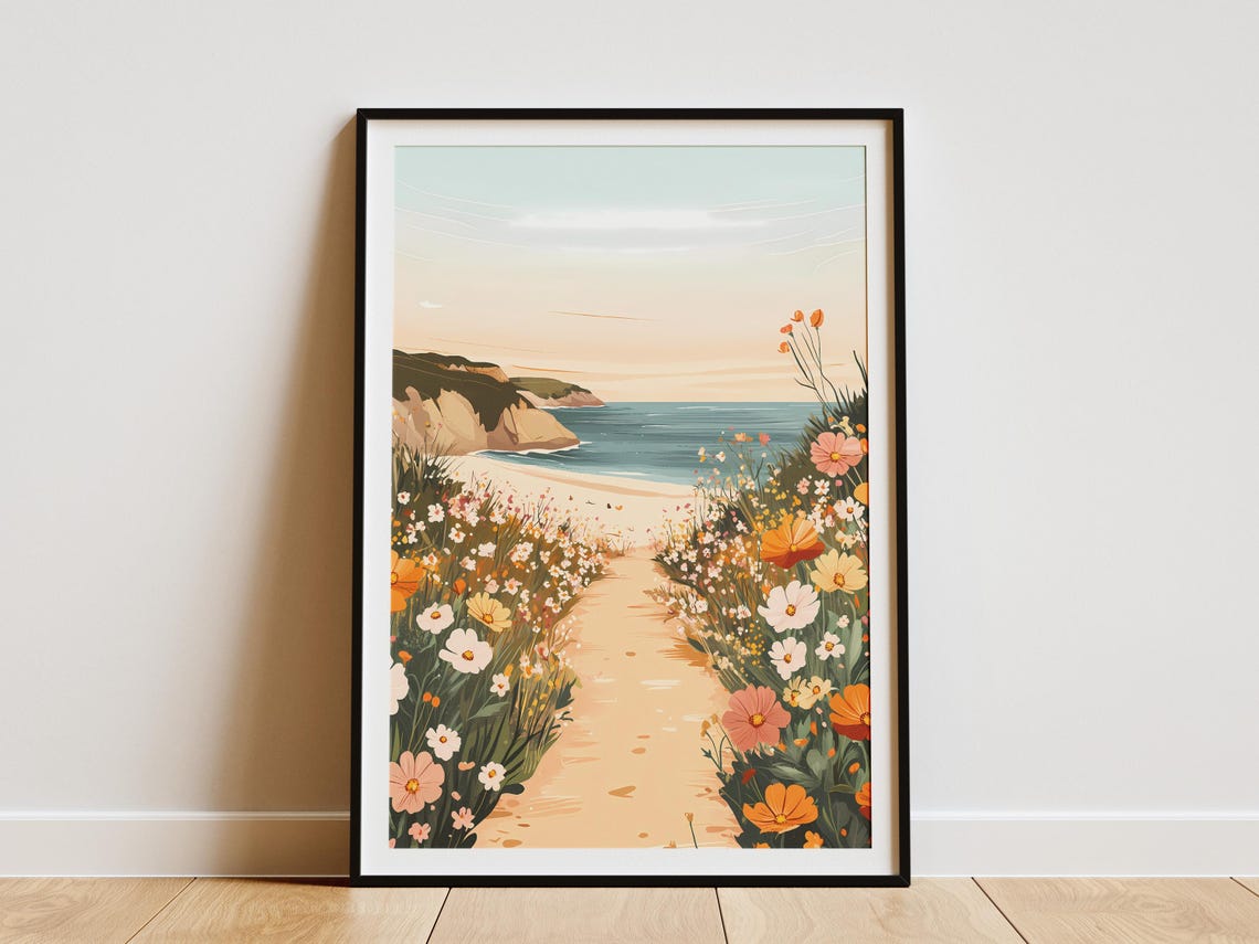 Coastal Wildflower Path Sunset Beach Dunes Romantic Art Poster