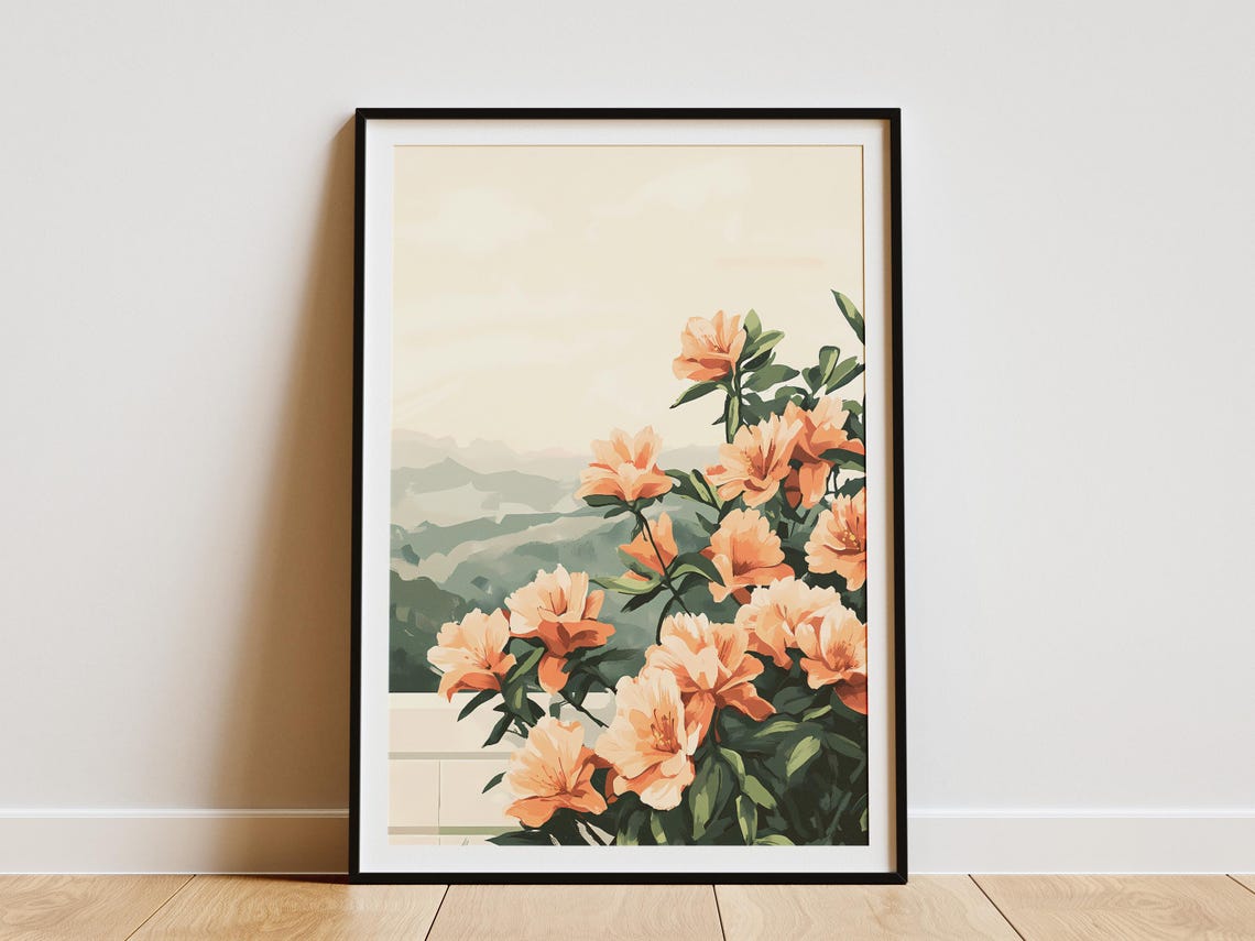 Peach Azalea Blossoms Overlooking Misty Green Hills Floral Poster