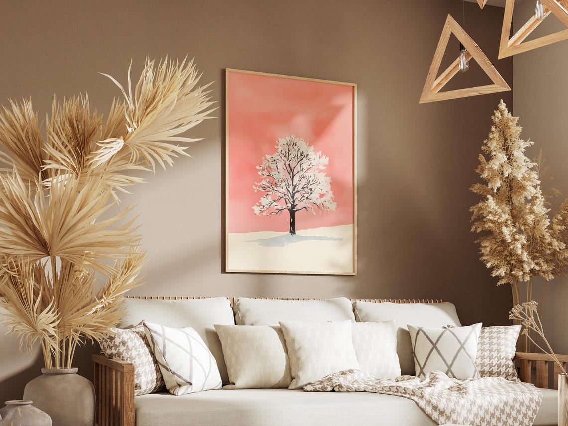Lone Snowy Tree Under Soft Pink Sky Minimalist Watercolor Poster - Image 3