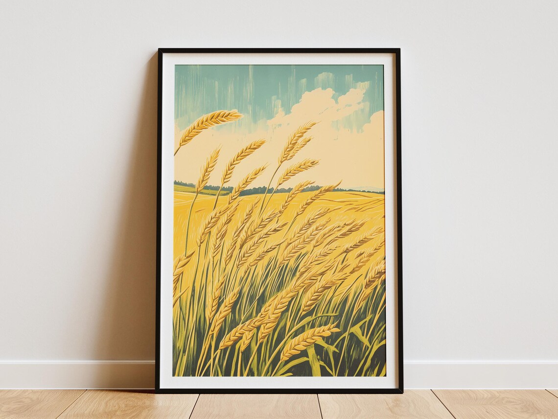 Golden Wheat Stalks Swaying Field Teal Sky Vintage Art Poster