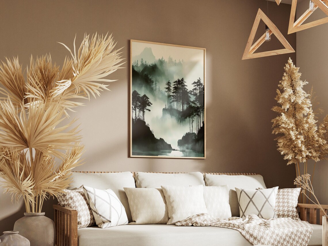 Misty Ink Wash Forest Mountain Lake Ethereal Nature Art Poster - Image 3