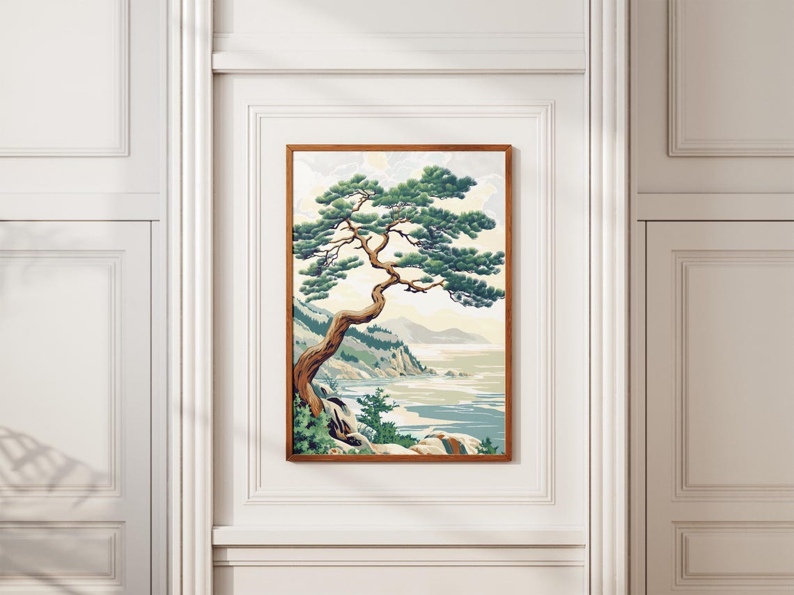 Windswept Coastal Pine Tree Over Ocean View Japanese Art Poster - Image 2