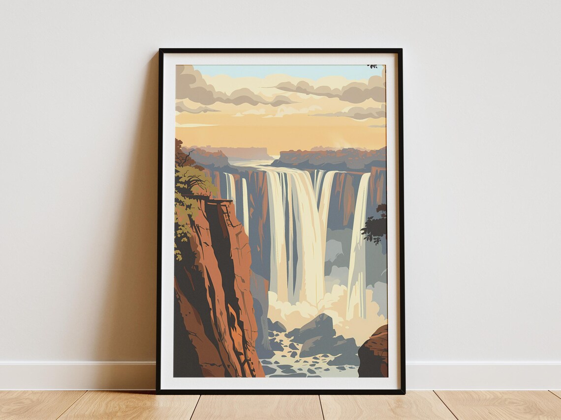 Victoria Falls Wide Waterfall Canyon Golden Sky Travel Poster