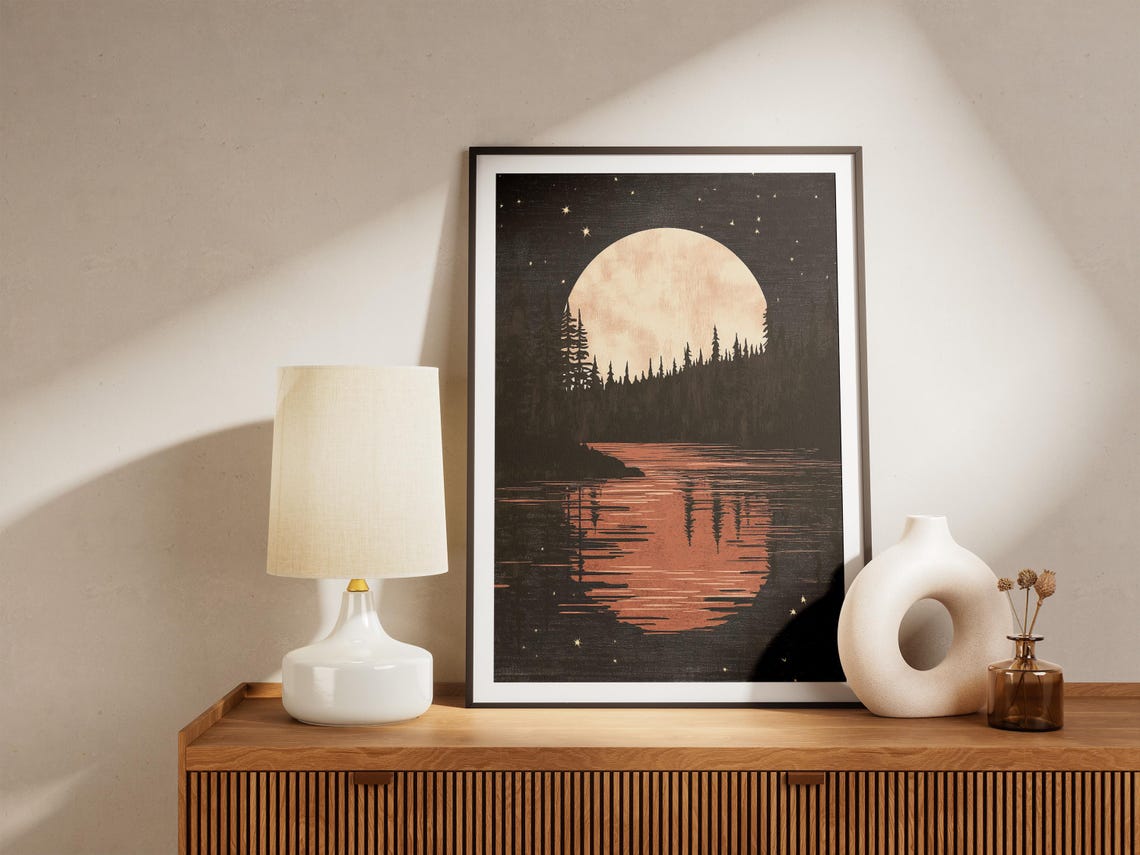 Giant Moonrise Over Pine Forest Lake Night Reflection Poster - Image 4
