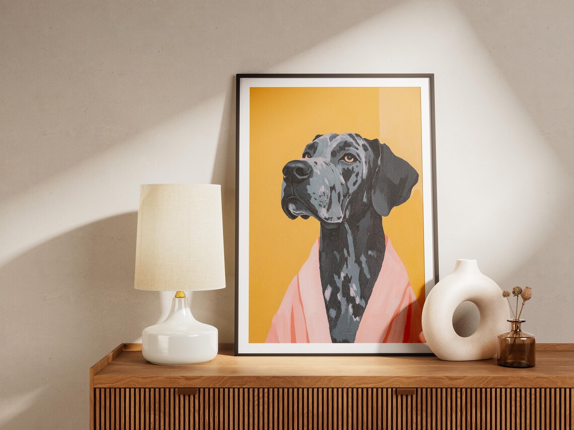 Noble Great Dane in Blush Pink Robe Mustard Yellow Dog Art Poster - Image 4