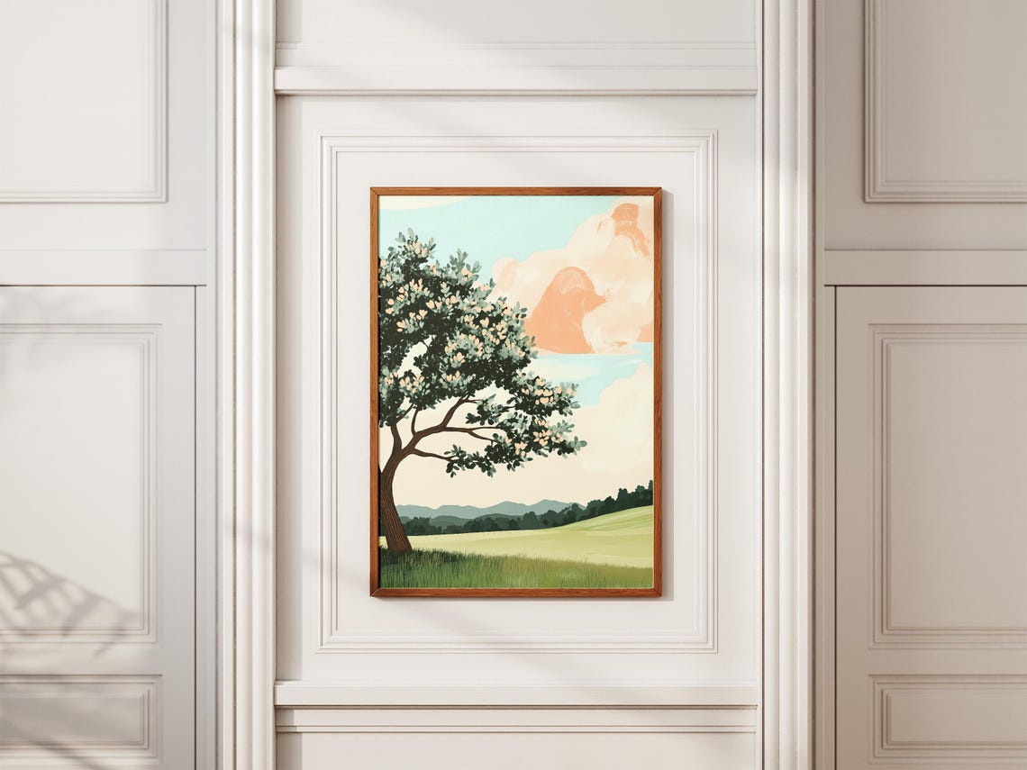 Lone Tree on a Green Hill Under Pink Clouds Minimalist Poster - Image 2