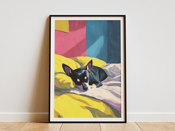 Tiny Black Chihuahua Sleeping on Bright Yellow Blankets Colorful Art Poster