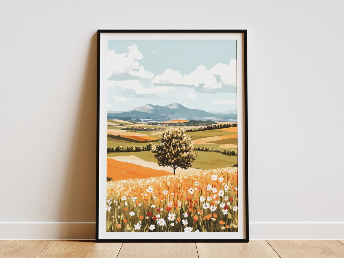 Wildflower Meadow with Tree and Distant Mountains Nature Poster