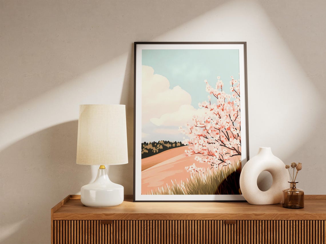 Pink Cherry Blossom Tree Over Sunlit Apricot Rolling Hills Poster - Image 5