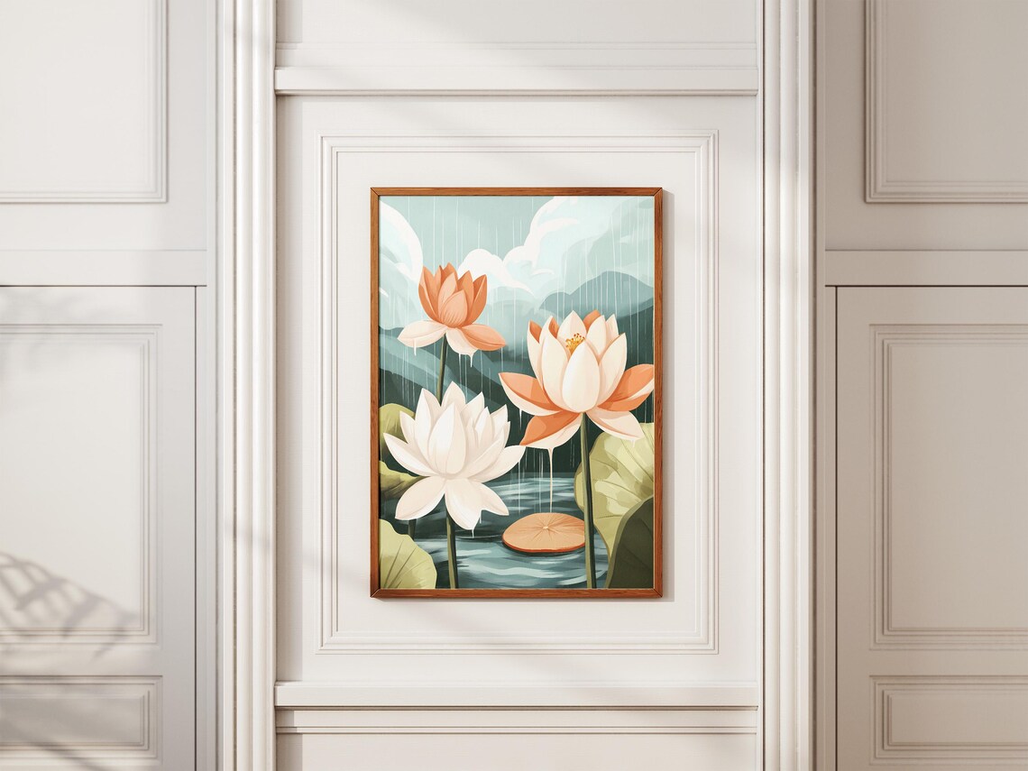 Lotus Flowers Rainy Pond Botanical Illustration Serene Nature Poster - Image 2