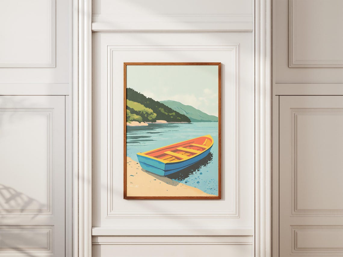 Blue and Red Rowboat Beached on a Quiet Mountain Lake Shore Poster - Image 2