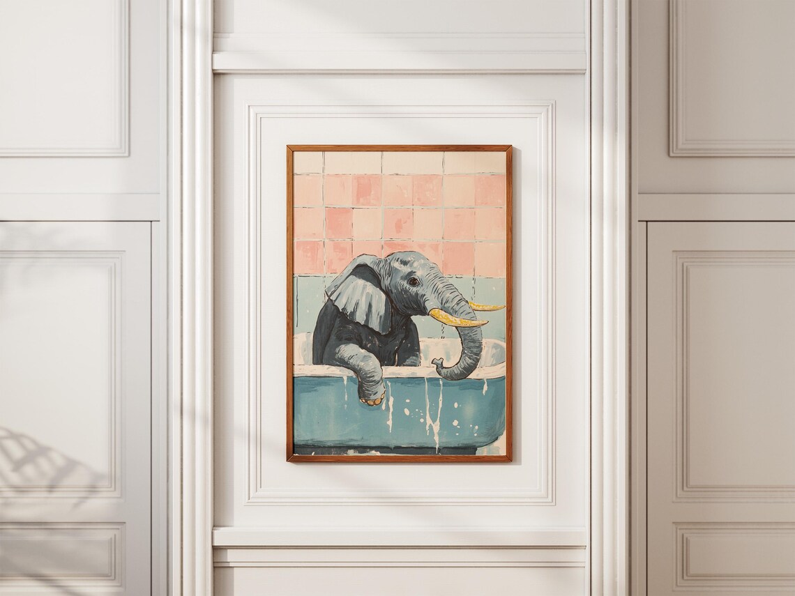 Baby Elephant Soaking in Blue Bathtub Pink Tile Bathroom Poster - Image 2