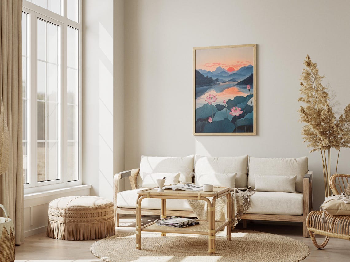 Serene Sunset Lotus Pond Over Japanese Mountains Landscape Poster - Image 3