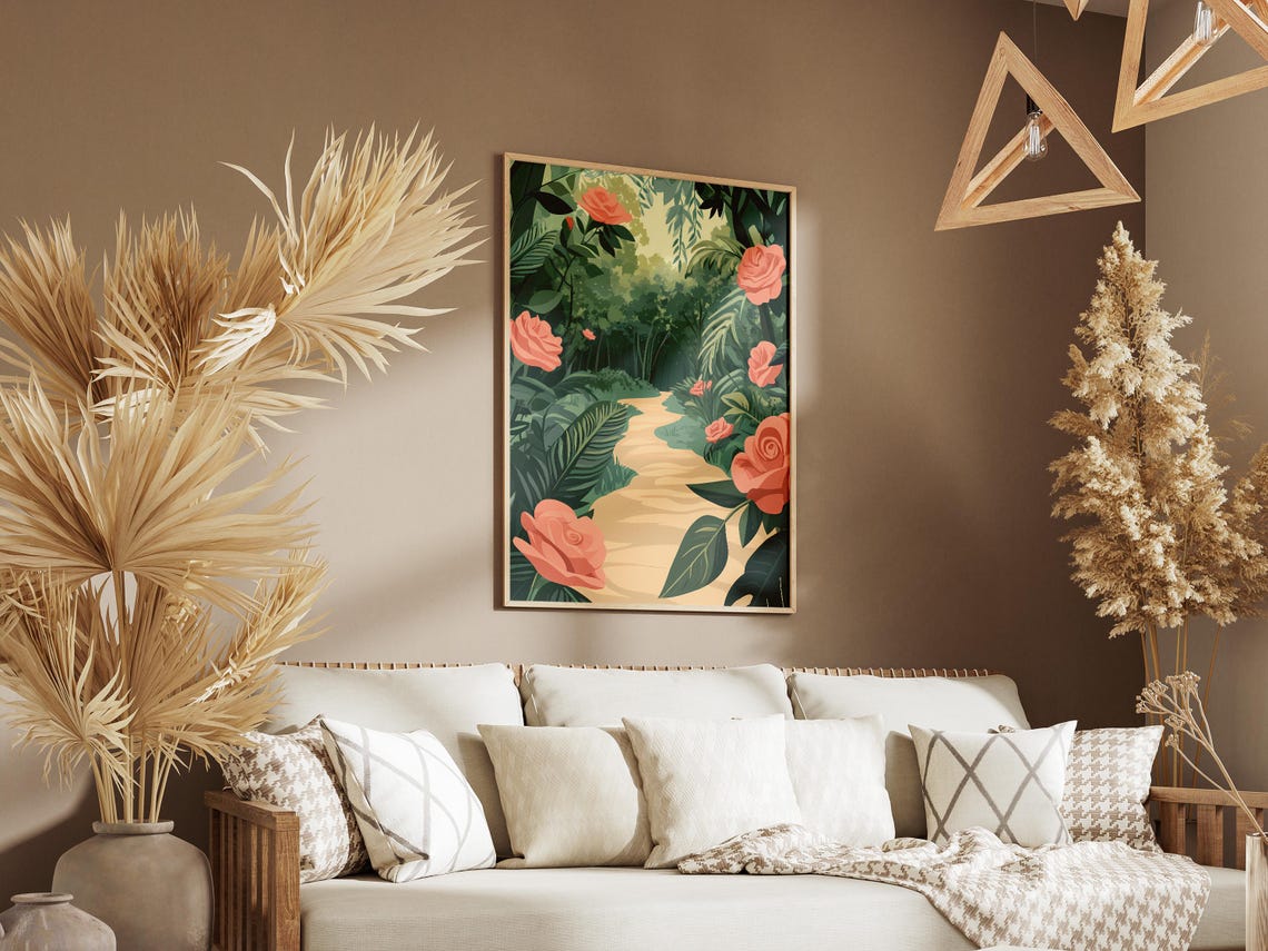 Coral Roses Climbing Along a Lush Forest Path Poster in Pink Garden - Image 3