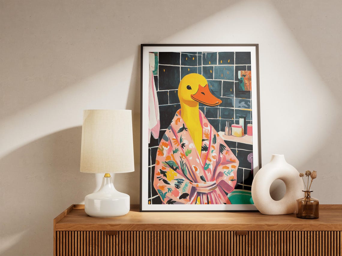 Yellow Duck in Floral Bathrobe Black Tile Bathroom Funny Poster - Image 5