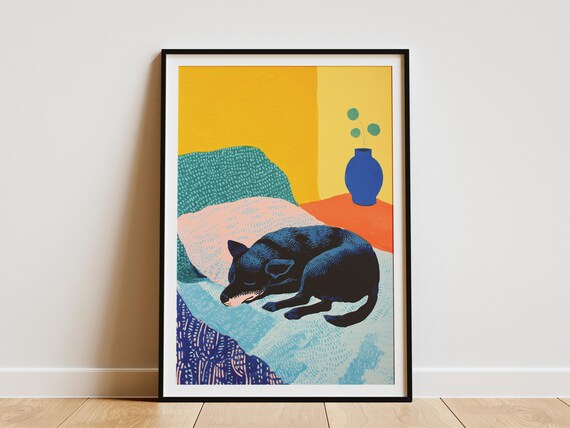 Black Dog Sleeping on a Colorful Bed in Bold Modern Abstract Art Poster