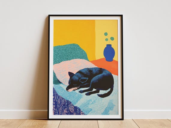 Matisse Style Sleeping Dog Gouache Painting Print Abstract Cozy Pet In Bed Wall Art Vibrant Colorful Animal Lover Gift For Home Decor