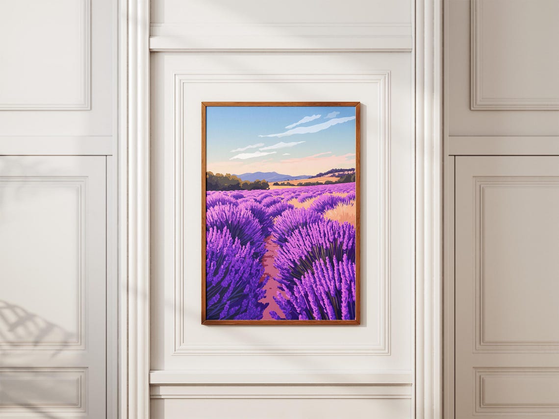 Purple Lavender Field Rows At Dawn Calm Landscape Art Poster - Image 2