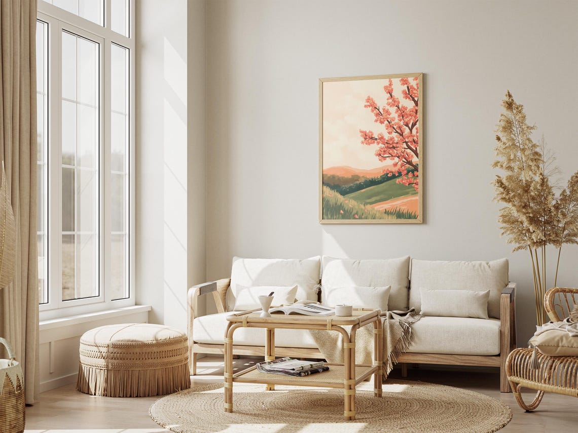 Peach Blossom Branches Over Rolling Green Valley Hills Poster - Image 4