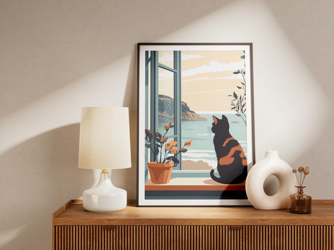 Tortoiseshell Cat Gazing Out Coastal Window Illustration Poster - Image 5