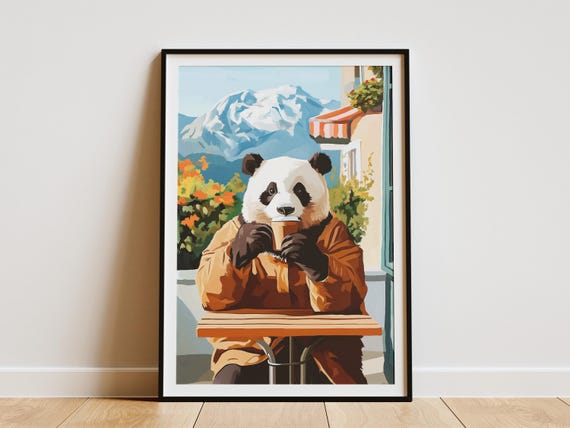 Panda Bear Cafe Art Print Cozy Coffee Shop Poster Whimsical Animal Wall Lover Gift Quirky Scene Painting Style Home Decor