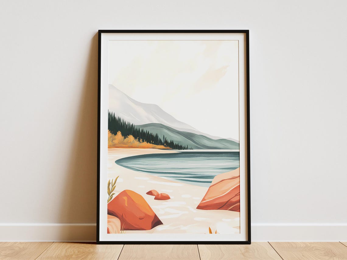 Minimalist Lakeshore with Red Rocks and Pale Mountains Poster