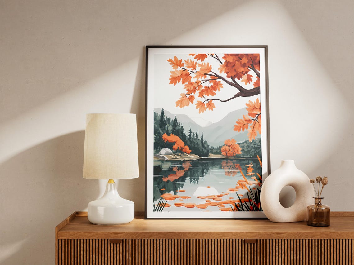 Autumn Lake Under Orange Maple Branches Mountain Scenery Poster - Image 5