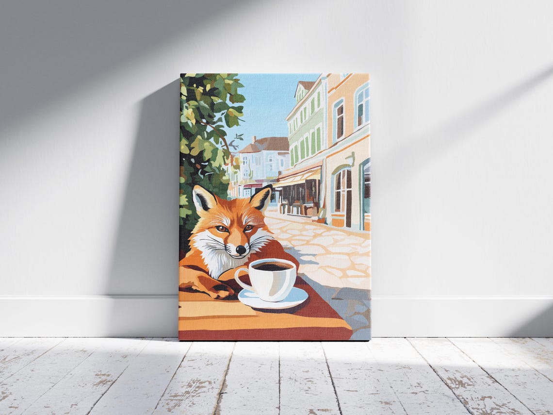 Red Fox Resting at a Street Cafe Table with Coffee Cup Poster - Image 2