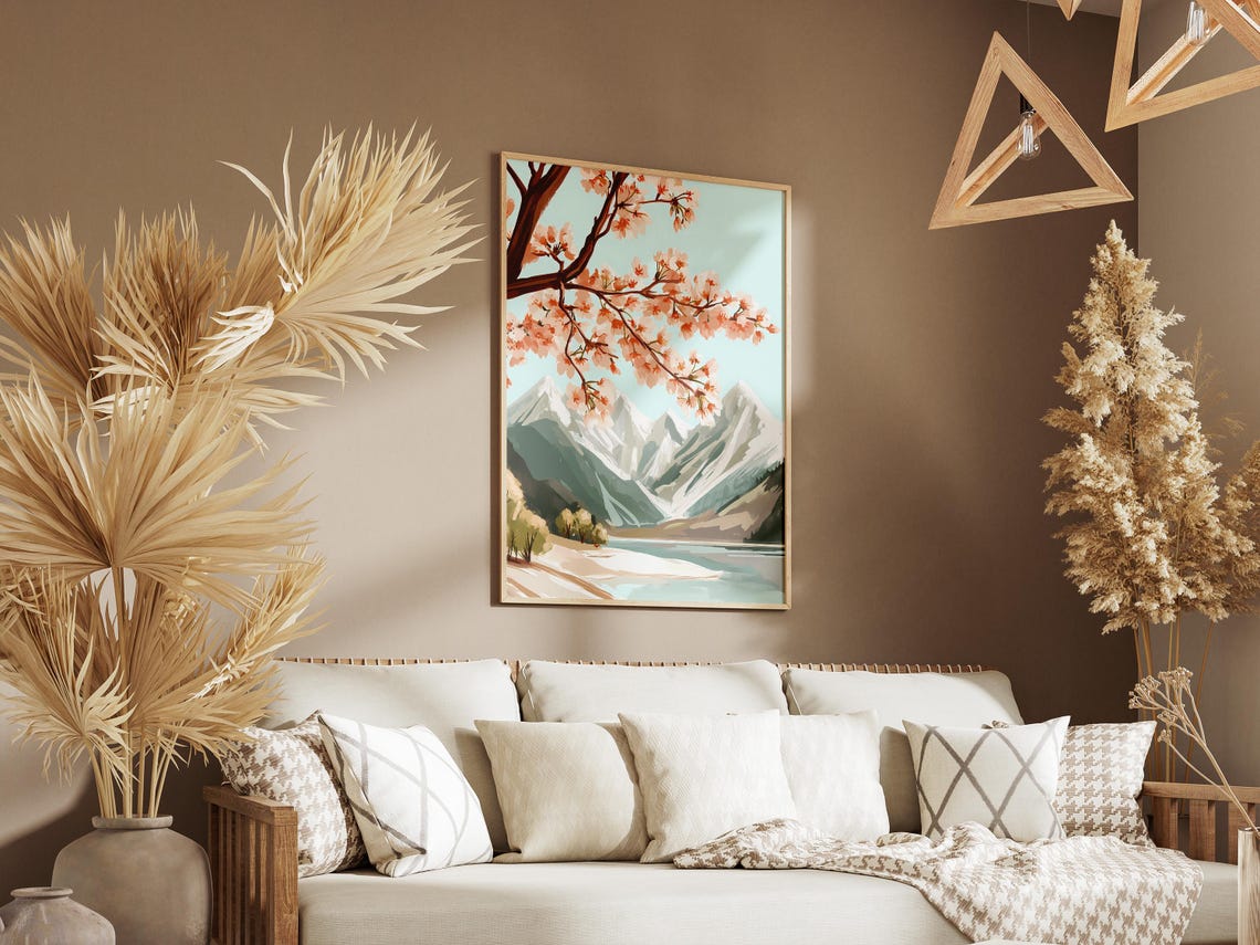Cherry Blossom Branch Over Snowy Mountain Lake Spring Art Poster - Image 3