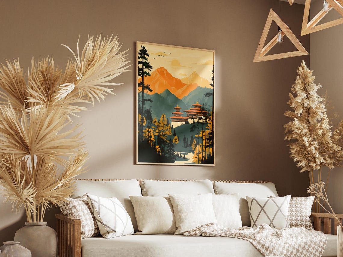Bhutan Himalayan Monastery Golden Mountain Peaks Temple Art Poster - Image 3