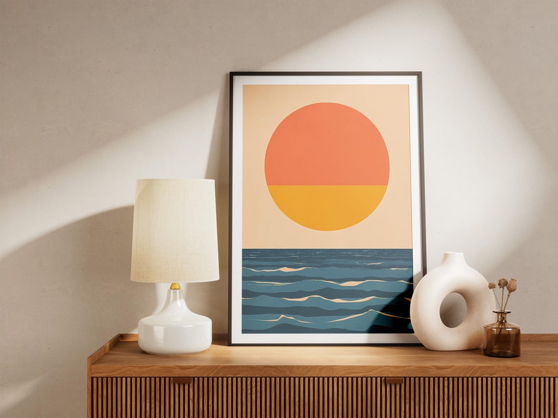 Two-Tone Sun over Layered Ocean Waves Mid-Century Modern Poster - Image 5