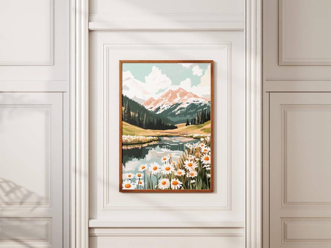 Alpine Lake with Daisy Foreground and Pink Mountain Peaks Poster - Image 2