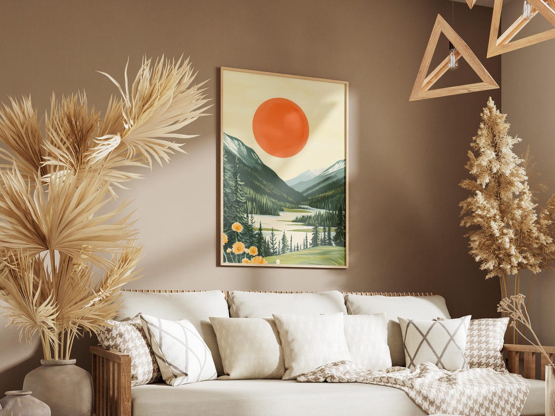 Big Orange Sun Shining Over a Mountain Lake With Pines Poster - Image 3