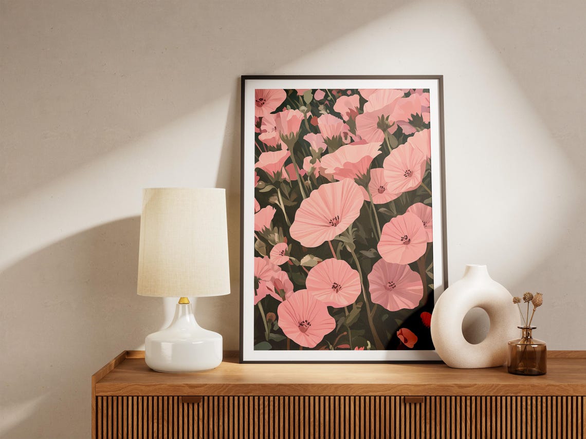Delicate Pink Mallow Blossoms Dark Moody Botanical Floral Poster - Image 5