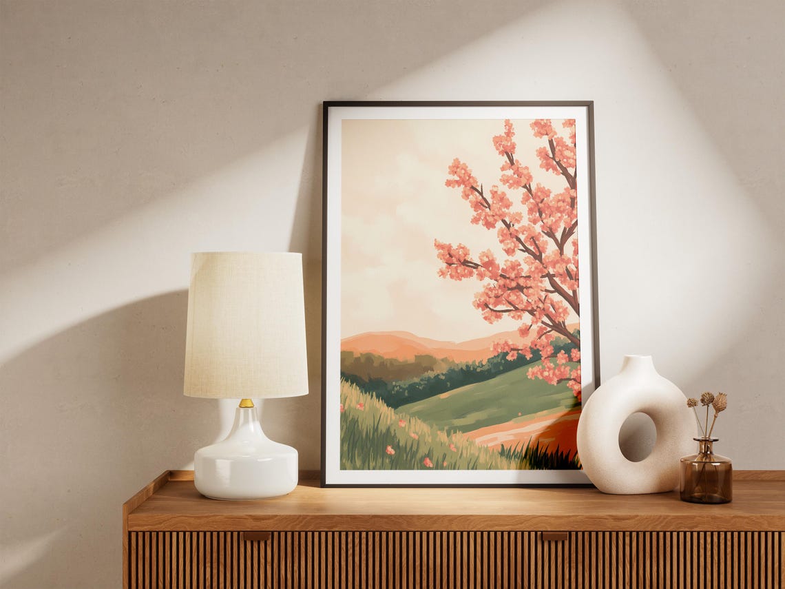Peach Blossom Branches Over Rolling Green Valley Hills Poster - Image 5