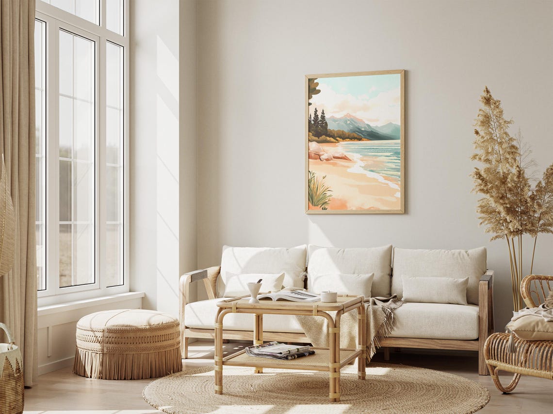 Sandy Beach With Pine Trees Waves And A Distant Mountain Poster - Image 4