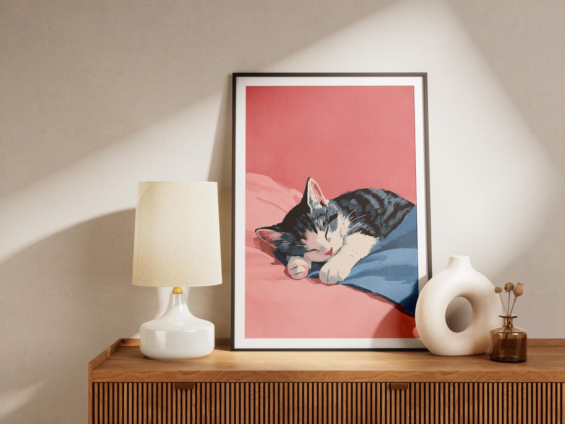 Sleeping Shorthair Kitten On Pink Bedding Cute Cat Nursery Poster - Image 4