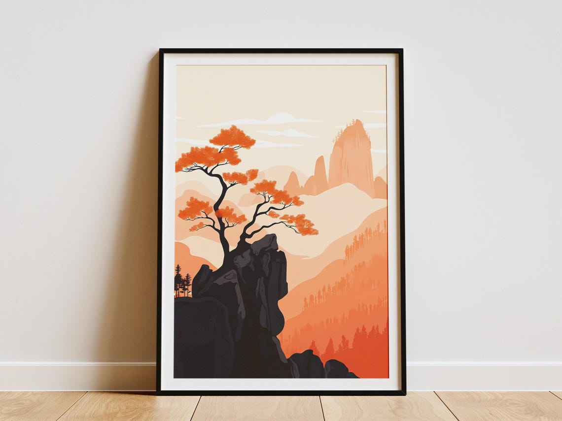 China Danxia Orange Layered Mountains Autumn Foliage Travel Poster
