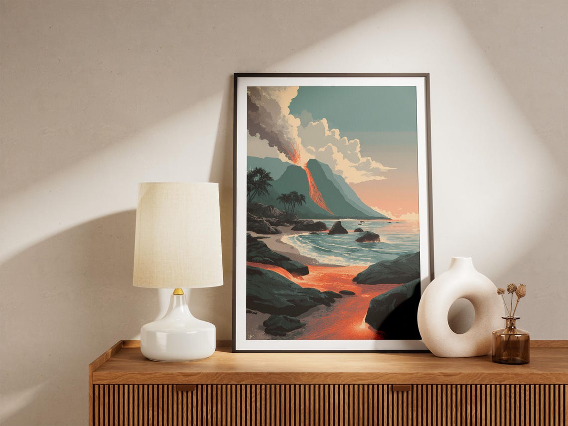 Hawaiian Volcano Lava Flow Pouring Into The Ocean At Dusk Poster - Image 4