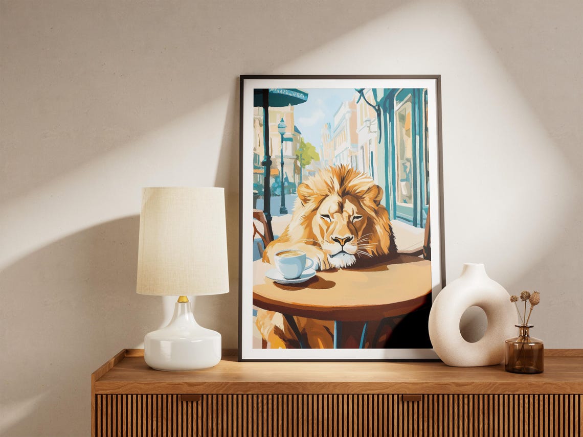 Sleepy Lion Coffee Poster Whimsical Animal Cafe Wall Decor Decor - Image 4