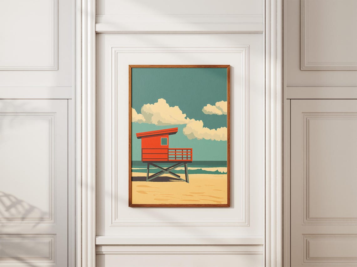 Red Lifeguard Tower on a Sandy Beach Under a Teal Sky Poster - Image 2